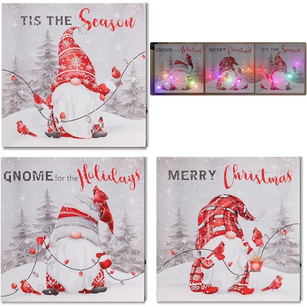 Set 3 Lighted Christmas Gnome Canvas Pictures NEW